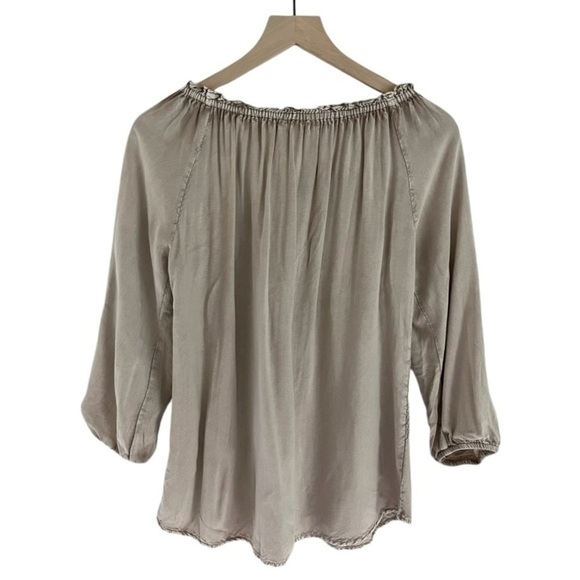 Solitaire Boho Peasant Embroidered 3/4 Sleeve Tassel Neck Blouse Brown Tan Small - Picture 2 of 9